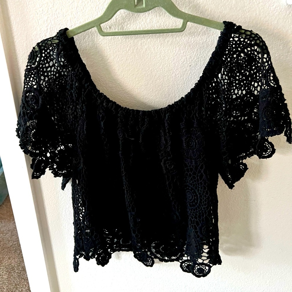 Nightcap Off-the-shoulder Black Lace Blouse